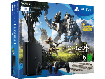 Sony PlayStation 4 Konsole Slim Jet Black (1TB) inklusive 2 Controller + Horizon Zero Dawn