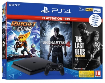 Sony PlayStation 4 Konsole Slim Jet Black (500GB) inklusive 1 Controller + 3 Spiele (The Last of Us, Ratchet & Clank & Uncharted 4)