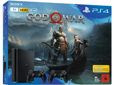 Sony PlayStation 4 Konsole Slim Jet Black (1TB) inklusive 2 Controller + God of War