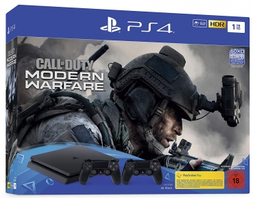 Sony PlayStation 4 Konsole Slim Black (1TB) inklusive 2 Controller + Call of Duty Modern Warfare