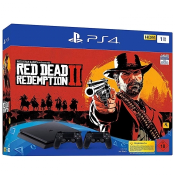 Sony PlayStation 4 Konsole Slim Jet Black (1TB) inklusive 2 Controller + Red Dead Redemption 2