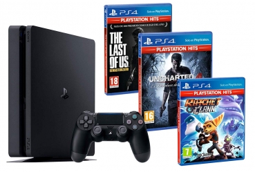 Sony PlayStation 4 Konsole Slim Jet Black (500GB) inklusive 1 Controller + 3 Spiele (The Last of Us, Ratchet & Clank & Uncharted 4)