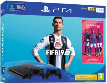 Sony PlayStation 4 Konsole Slim Jet Black (1TB) inklusive 2 Controller + FIFA 19