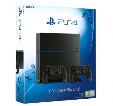 Sony PlayStation 4 Konsole Jet Black (1TB) inklusive 2 Controller + Vertikalständer