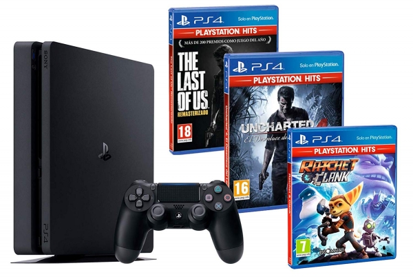 Sony PlayStation 4 Konsole Slim Jet Black (500GB) inklusive 1 Controller + 3 Spiele (The Last of Us, Ratchet & Clank & Uncharted 4)